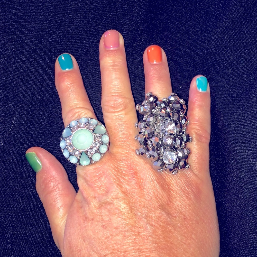Fun Blue Fashion Statement Ring and Black Statement Ring Bundle One Size
